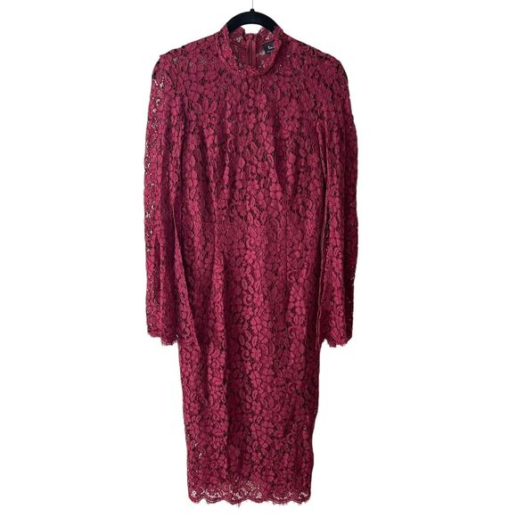Bardot 6 / Small Sienna Midi Dress Maroon Lace Bell Slit Sleeve High Neck - Picture 1 of 14